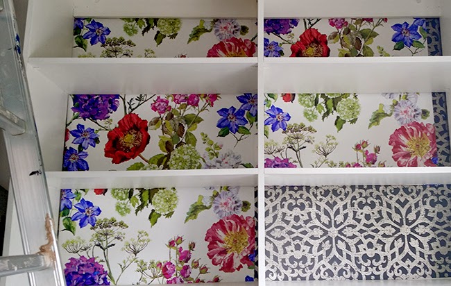 Jali bespoke shelving backed with floral wallpaper