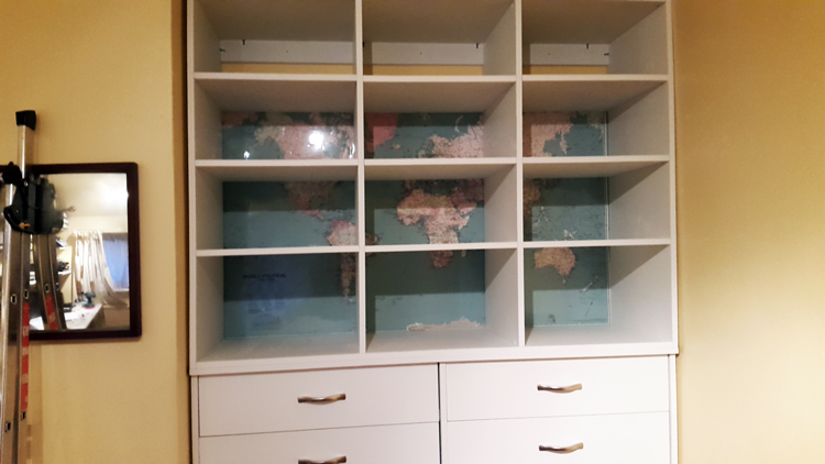 Combination unit makeover - shelving goes in