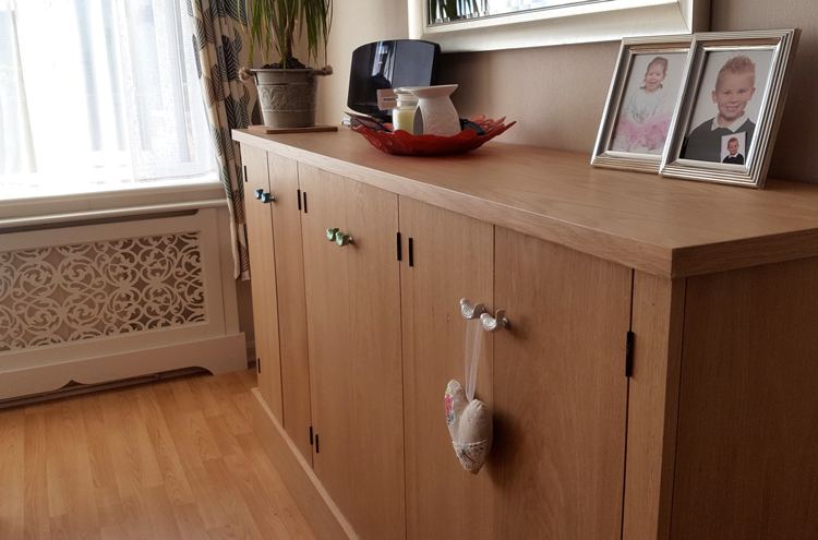 Jali bespoke radiator cover and real oak veneer cupboard