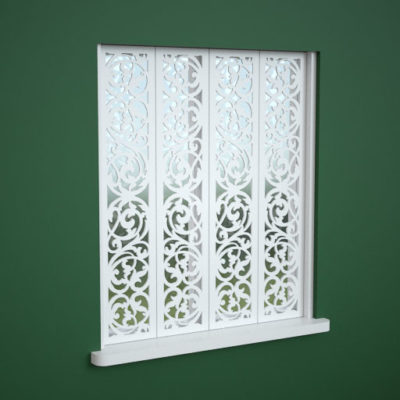 Recess-mounted Jali Decorative Shutters painted white, 750mm wide x 850mm high