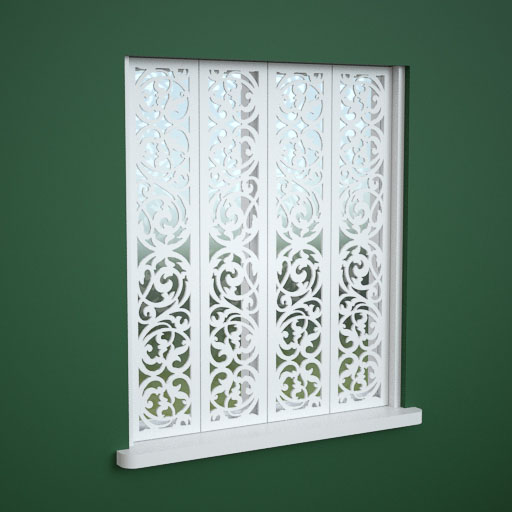 Recess-mounted Jali Decorative Shutters painted white, 750mm wide x 850mm high