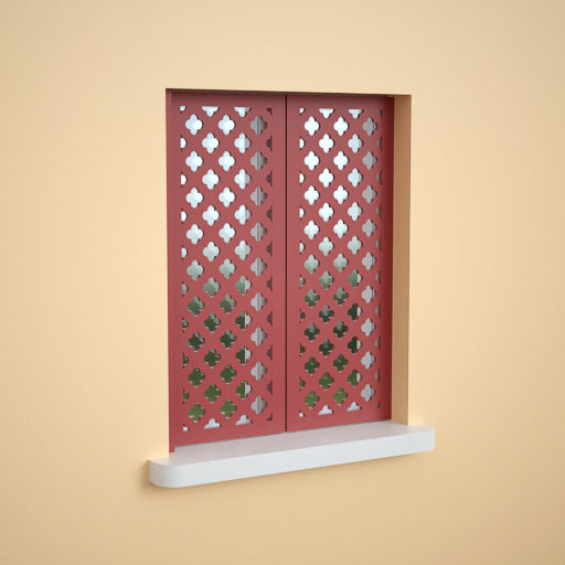 Recess-mounted Jali Decorative Shutters top-coated in red, 400mm wide x 500mm high