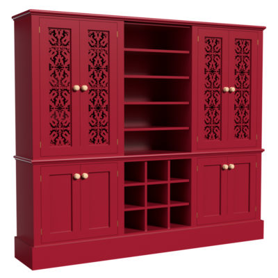 Red Jali Dresser with fretwork door panels, 2000mm wide x 1750mm tall