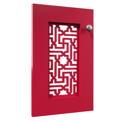 Red painted custom made Jali Door with fretwork panel, 320mm x 500mm