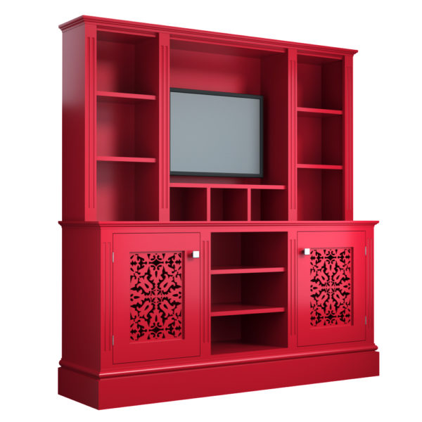 Red Jali TV Unit, 1500mm wide x 1600mm tall with fretwork doors