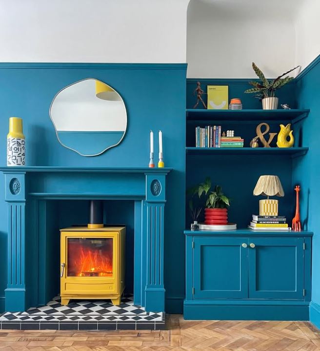 made to measure blue alcove shelving