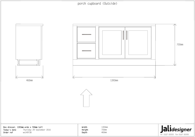 Front view of Jali combination unit with cupboard doors and drawers