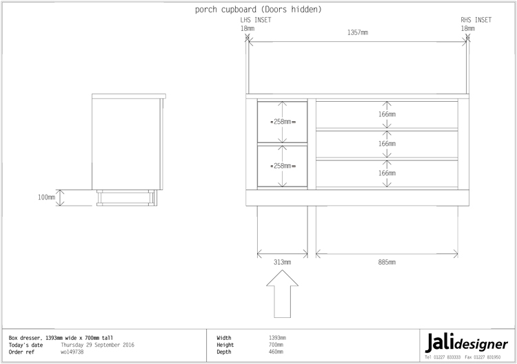 Interior view of Jali combination unit with cupboard doors and drawers