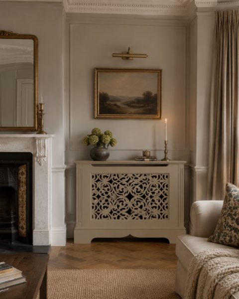 a picture showing a radiator cover in a Victorian home showcasing the storage options available