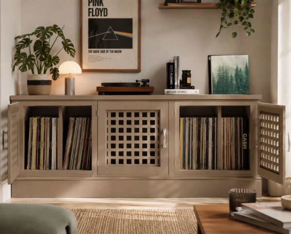 a music lovers cupboard for storing heir vinyl LP