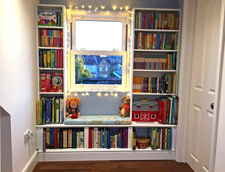 Jali bespoke bookcases around window in childrens bedroom