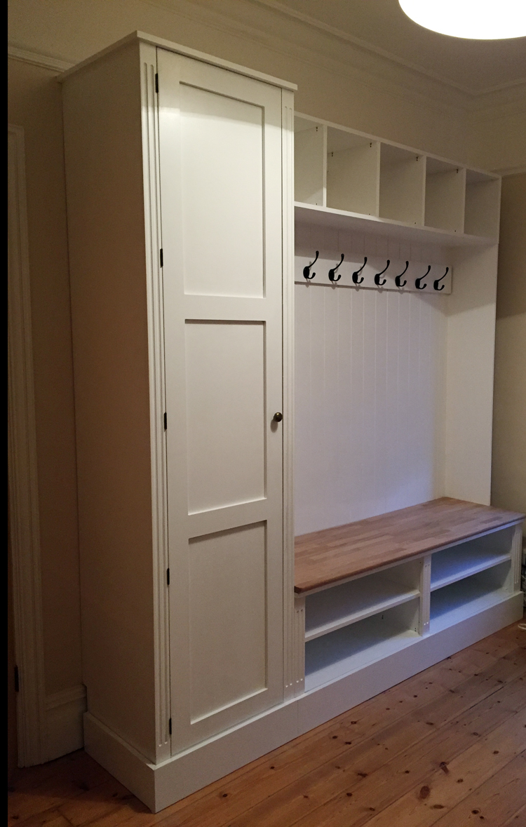 Jali bespoke cupboard, bookcase, flexishelves, skirting in boot room