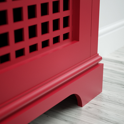 Red top-coat finish on made to measure Jali Radiator Cover