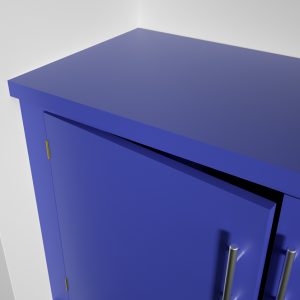 Fitted blue Jali Cupboard with bar handles