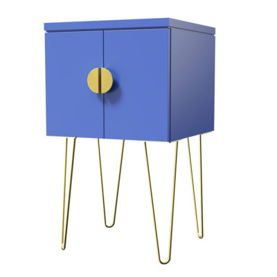 Blue bedside cabinet from Jali with brass hairpin legs