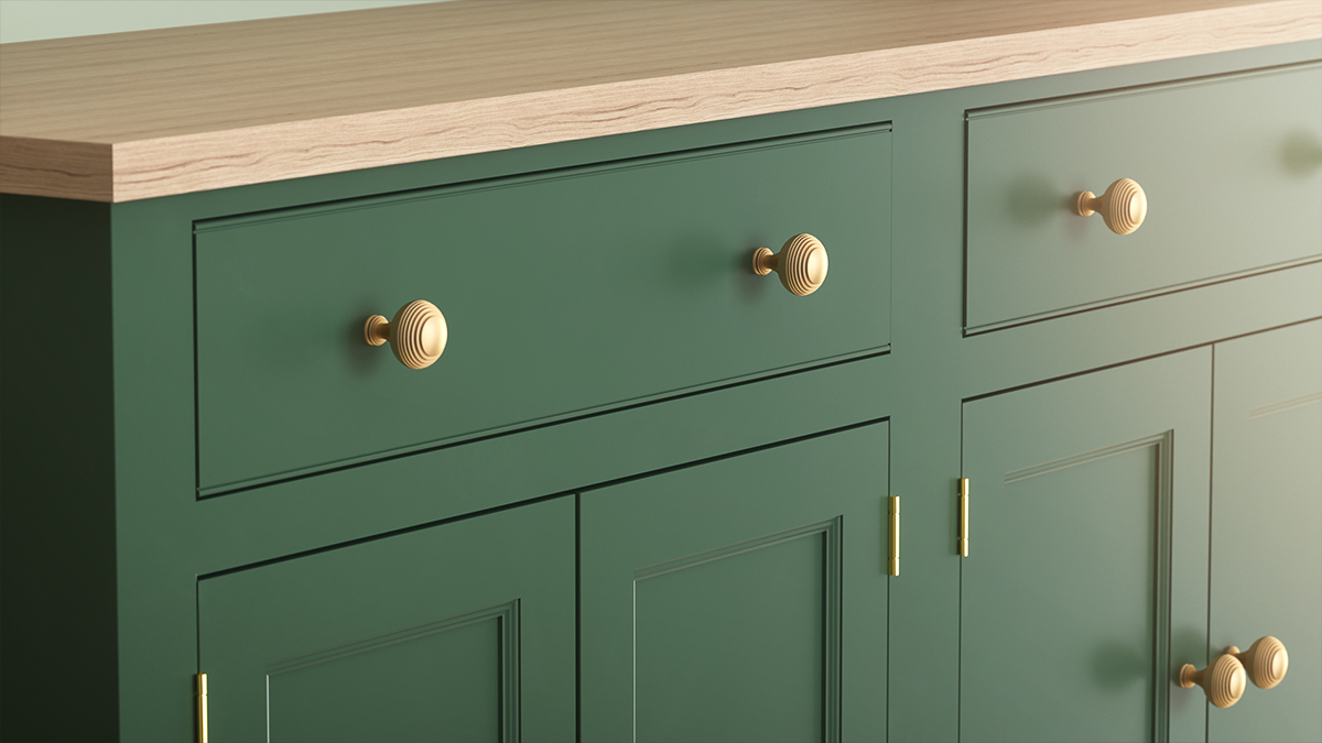 Jali green kitchen dresser front with gold handles