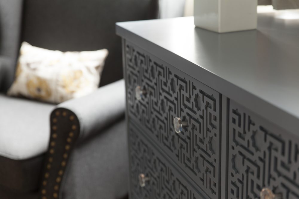 Grey Soft Close Drawers with an Eastern Fretwork Design