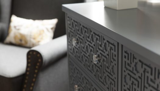 Grey soft close Drawers with applied Eastern Fretwork