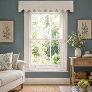 a beautiful made to measure pelmet displayed in a country styled living room
