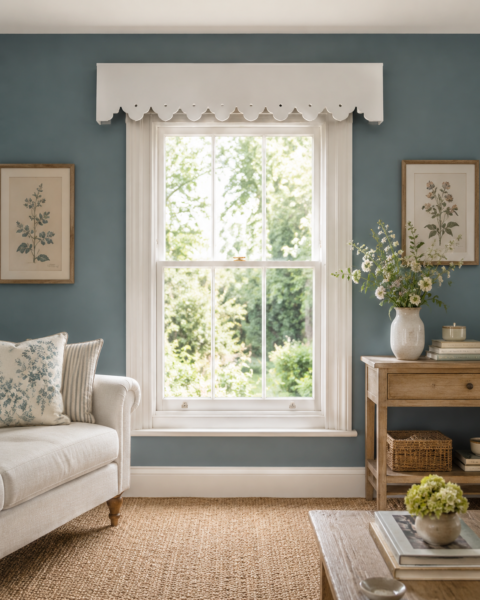 a beautiful made to measure pelmet displayed in a country styled living room